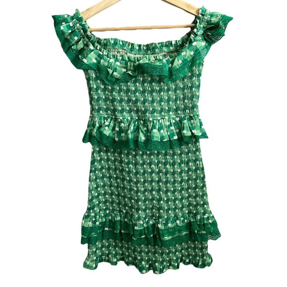 Tularosa Teri Gingham Plaid Smocked Bodycon Mini Dress Green Small Ruffle Peplum - Picture 3 of 9